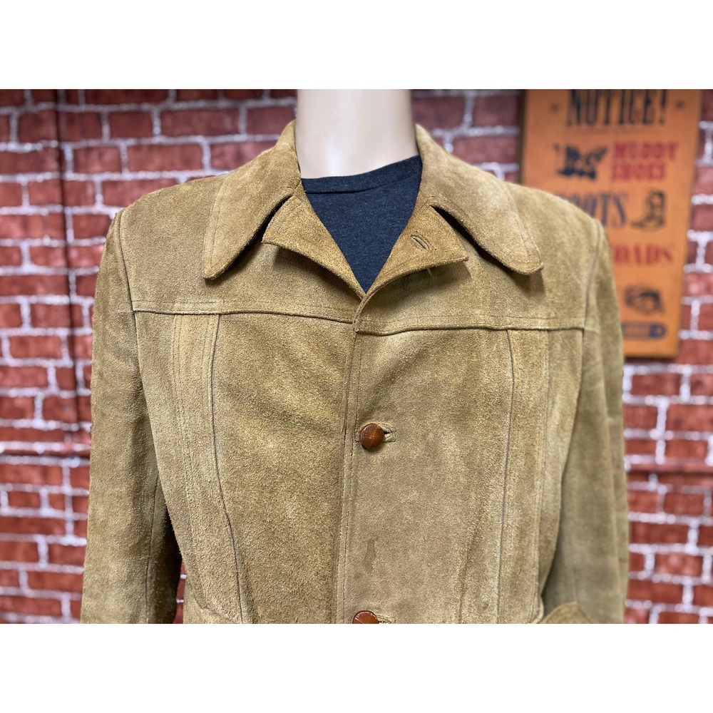 70's Elk brown suede leather long coat jacket size 44 made in Sweden.
